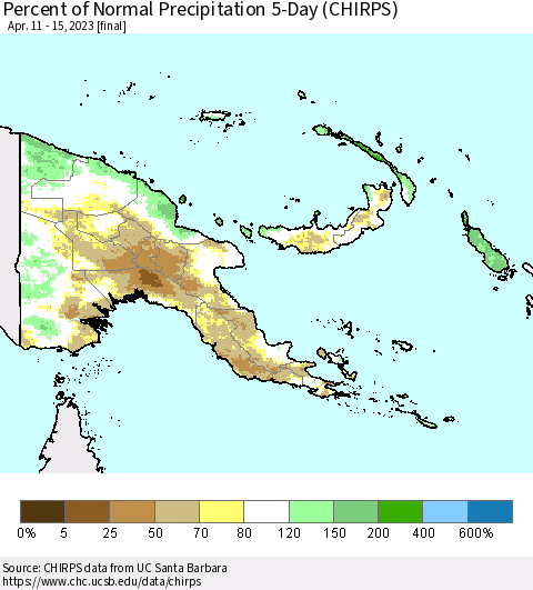 Papua New Guinea Percent of Normal Precipitation 5-Day (CHIRPS) Thematic Map For 4/11/2023 - 4/15/2023