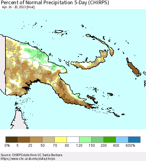 Papua New Guinea Percent of Normal Precipitation 5-Day (CHIRPS) Thematic Map For 4/16/2023 - 4/20/2023