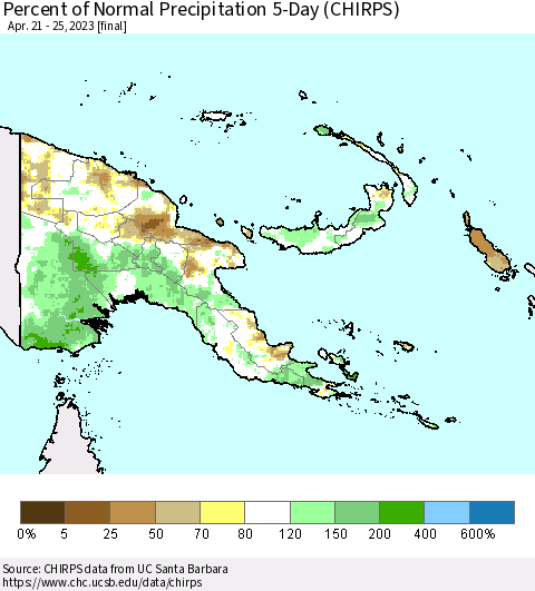 Papua New Guinea Percent of Normal Precipitation 5-Day (CHIRPS) Thematic Map For 4/21/2023 - 4/25/2023