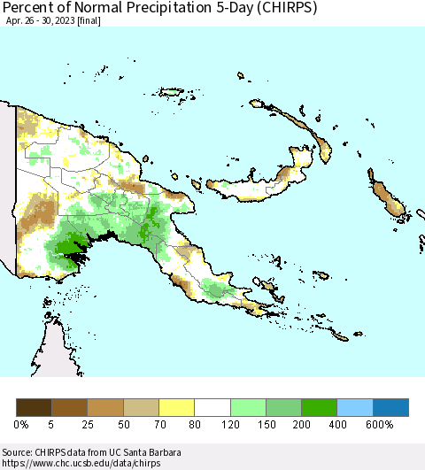 Papua New Guinea Percent of Normal Precipitation 5-Day (CHIRPS) Thematic Map For 4/26/2023 - 4/30/2023