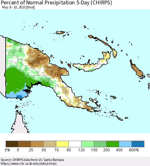 Papua New Guinea Percent of Normal Precipitation 5-Day (CHIRPS) Thematic Map For 5/6/2023 - 5/10/2023