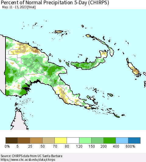Papua New Guinea Percent of Normal Precipitation 5-Day (CHIRPS) Thematic Map For 5/11/2023 - 5/15/2023