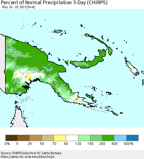 Papua New Guinea Percent of Normal Precipitation 5-Day (CHIRPS) Thematic Map For 5/16/2023 - 5/20/2023