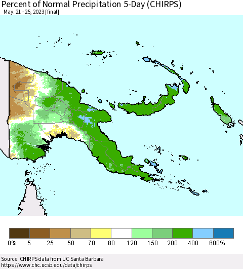 Papua New Guinea Percent of Normal Precipitation 5-Day (CHIRPS) Thematic Map For 5/21/2023 - 5/25/2023