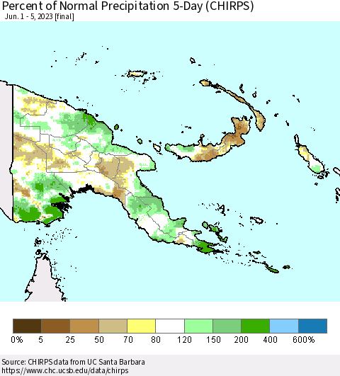 Papua New Guinea Percent of Normal Precipitation 5-Day (CHIRPS) Thematic Map For 6/1/2023 - 6/5/2023