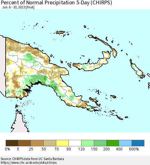 Papua New Guinea Percent of Normal Precipitation 5-Day (CHIRPS) Thematic Map For 6/6/2023 - 6/10/2023