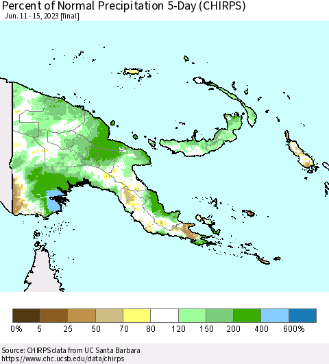 Papua New Guinea Percent of Normal Precipitation 5-Day (CHIRPS) Thematic Map For 6/11/2023 - 6/15/2023