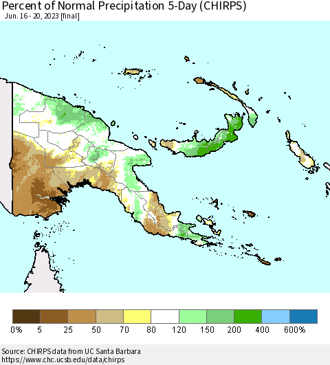 Papua New Guinea Percent of Normal Precipitation 5-Day (CHIRPS) Thematic Map For 6/16/2023 - 6/20/2023
