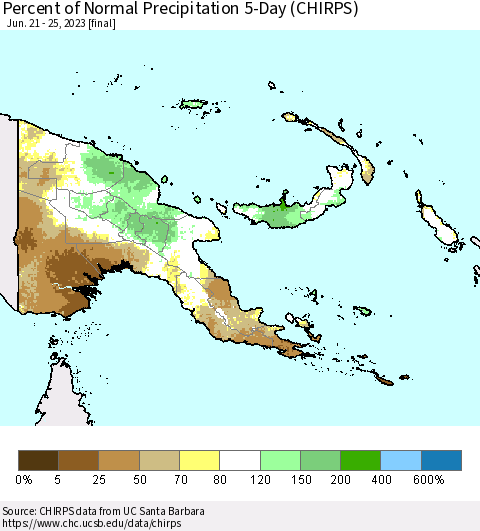 Papua New Guinea Percent of Normal Precipitation 5-Day (CHIRPS) Thematic Map For 6/21/2023 - 6/25/2023