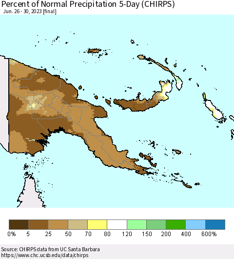 Papua New Guinea Percent of Normal Precipitation 5-Day (CHIRPS) Thematic Map For 6/26/2023 - 6/30/2023