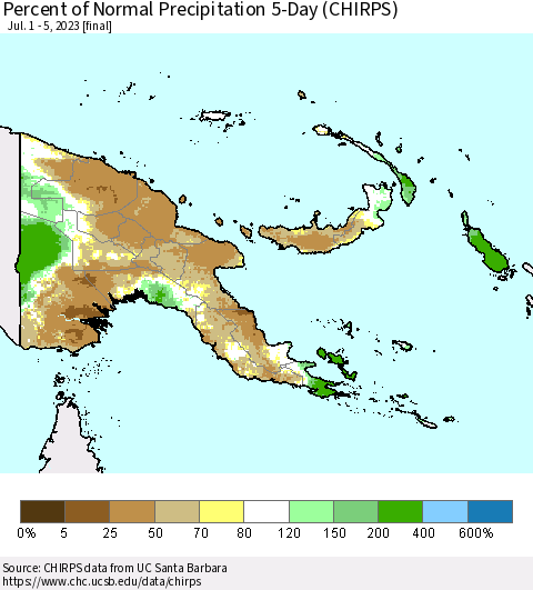 Papua New Guinea Percent of Normal Precipitation 5-Day (CHIRPS) Thematic Map For 7/1/2023 - 7/5/2023