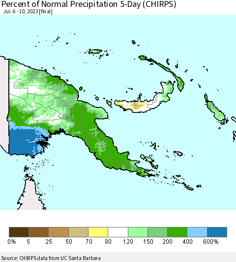 Papua New Guinea Percent of Normal Precipitation 5-Day (CHIRPS) Thematic Map For 7/6/2023 - 7/10/2023