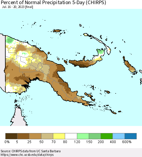 Papua New Guinea Percent of Normal Precipitation 5-Day (CHIRPS) Thematic Map For 7/16/2023 - 7/20/2023