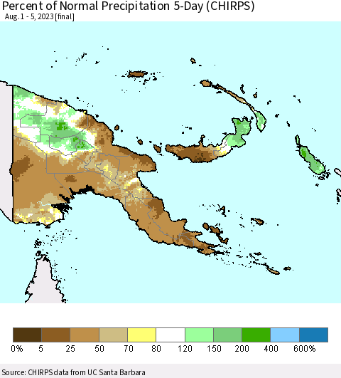 Papua New Guinea Percent of Normal Precipitation 5-Day (CHIRPS) Thematic Map For 8/1/2023 - 8/5/2023