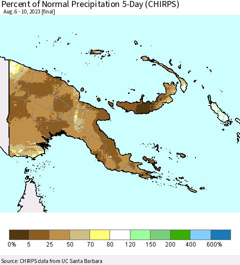 Papua New Guinea Percent of Normal Precipitation 5-Day (CHIRPS) Thematic Map For 8/6/2023 - 8/10/2023