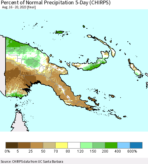 Papua New Guinea Percent of Normal Precipitation 5-Day (CHIRPS) Thematic Map For 8/16/2023 - 8/20/2023