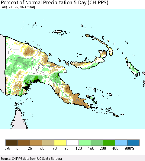 Papua New Guinea Percent of Normal Precipitation 5-Day (CHIRPS) Thematic Map For 8/21/2023 - 8/25/2023