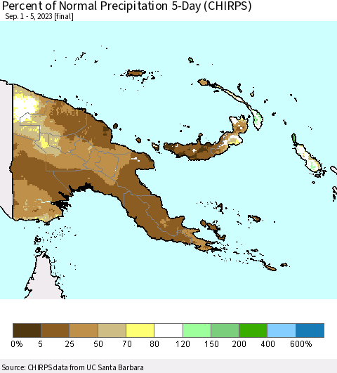 Papua New Guinea Percent of Normal Precipitation 5-Day (CHIRPS) Thematic Map For 9/1/2023 - 9/5/2023