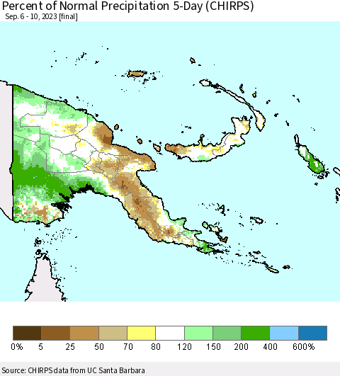 Papua New Guinea Percent of Normal Precipitation 5-Day (CHIRPS) Thematic Map For 9/6/2023 - 9/10/2023