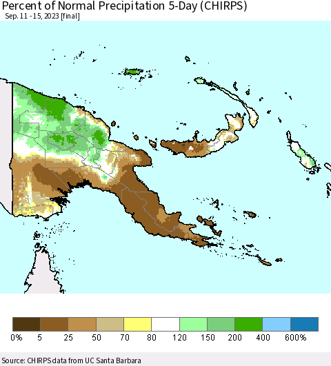 Papua New Guinea Percent of Normal Precipitation 5-Day (CHIRPS) Thematic Map For 9/11/2023 - 9/15/2023