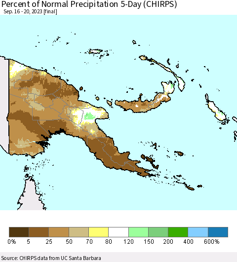Papua New Guinea Percent of Normal Precipitation 5-Day (CHIRPS) Thematic Map For 9/16/2023 - 9/20/2023