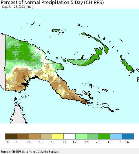 Papua New Guinea Percent of Normal Precipitation 5-Day (CHIRPS) Thematic Map For 9/21/2023 - 9/25/2023