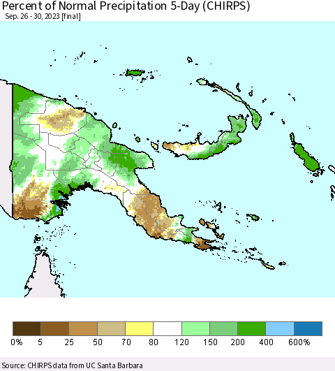 Papua New Guinea Percent of Normal Precipitation 5-Day (CHIRPS) Thematic Map For 9/26/2023 - 9/30/2023