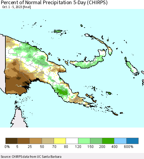 Papua New Guinea Percent of Normal Precipitation 5-Day (CHIRPS) Thematic Map For 10/1/2023 - 10/5/2023