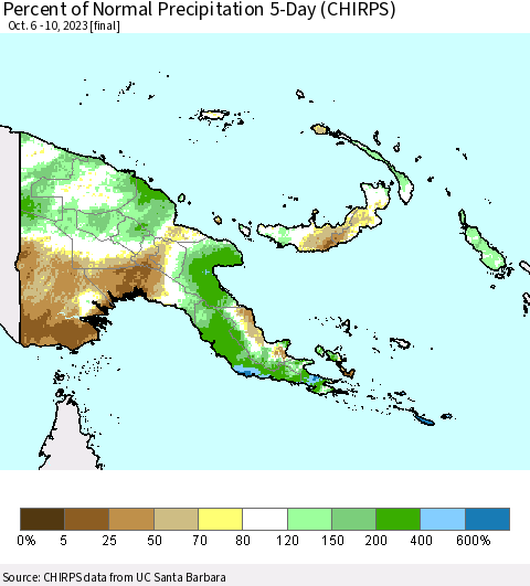 Papua New Guinea Percent of Normal Precipitation 5-Day (CHIRPS) Thematic Map For 10/6/2023 - 10/10/2023