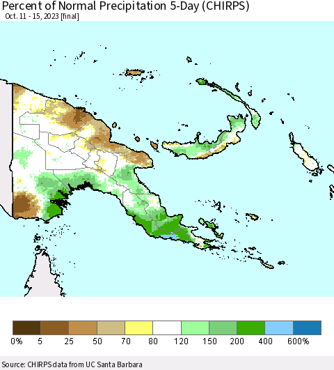 Papua New Guinea Percent of Normal Precipitation 5-Day (CHIRPS) Thematic Map For 10/11/2023 - 10/15/2023