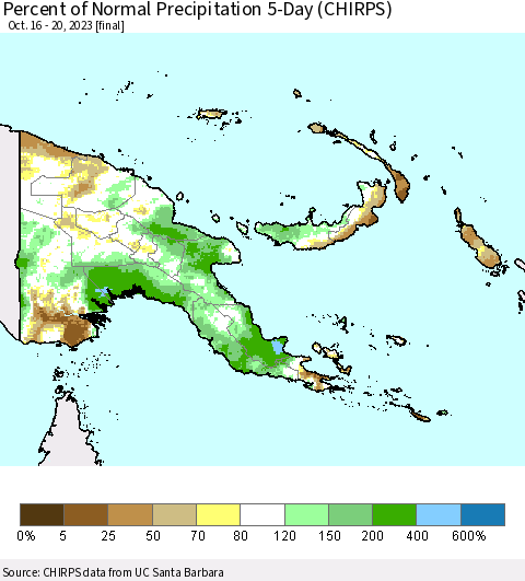 Papua New Guinea Percent of Normal Precipitation 5-Day (CHIRPS) Thematic Map For 10/16/2023 - 10/20/2023