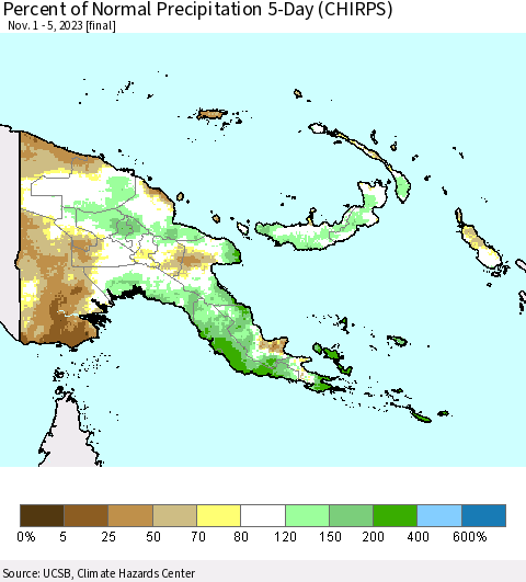 Papua New Guinea Percent of Normal Precipitation 5-Day (CHIRPS) Thematic Map For 11/1/2023 - 11/5/2023