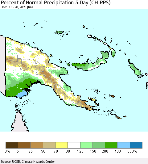 Papua New Guinea Percent of Normal Precipitation 5-Day (CHIRPS) Thematic Map For 12/16/2023 - 12/20/2023