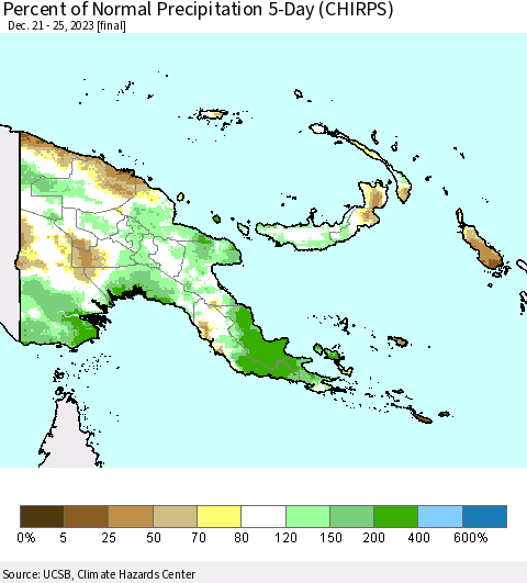 Papua New Guinea Percent of Normal Precipitation 5-Day (CHIRPS) Thematic Map For 12/21/2023 - 12/25/2023