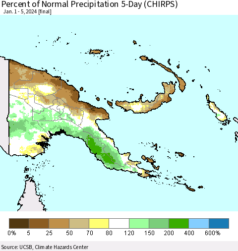 Papua New Guinea Percent of Normal Precipitation 5-Day (CHIRPS) Thematic Map For 1/1/2024 - 1/5/2024