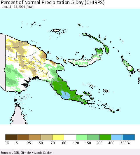 Papua New Guinea Percent of Normal Precipitation 5-Day (CHIRPS) Thematic Map For 1/11/2024 - 1/15/2024
