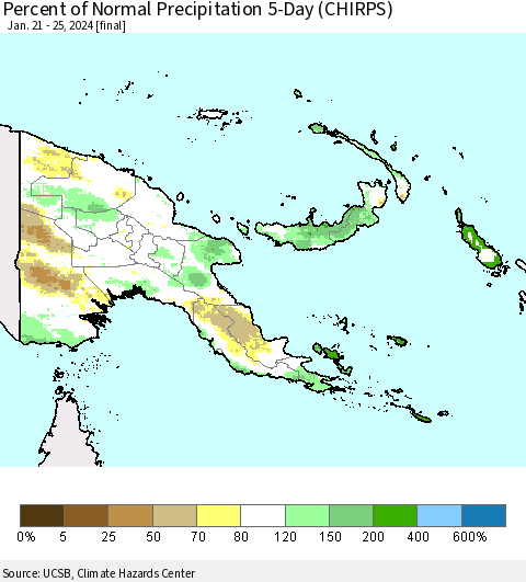 Papua New Guinea Percent of Normal Precipitation 5-Day (CHIRPS) Thematic Map For 1/21/2024 - 1/25/2024