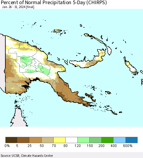 Papua New Guinea Percent of Normal Precipitation 5-Day (CHIRPS) Thematic Map For 1/26/2024 - 1/31/2024