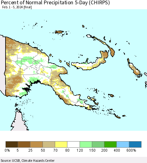 Papua New Guinea Percent of Normal Precipitation 5-Day (CHIRPS) Thematic Map For 2/1/2024 - 2/5/2024