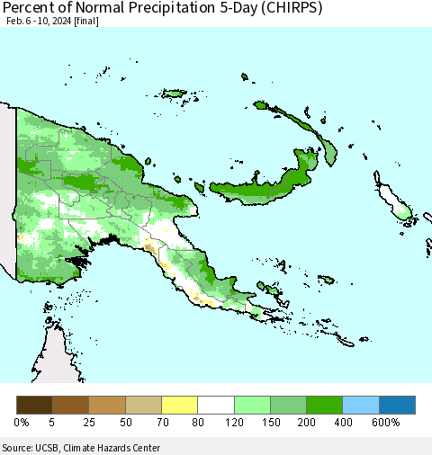 Papua New Guinea Percent of Normal Precipitation 5-Day (CHIRPS) Thematic Map For 2/6/2024 - 2/10/2024
