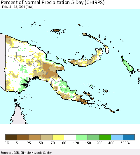 Papua New Guinea Percent of Normal Precipitation 5-Day (CHIRPS) Thematic Map For 2/11/2024 - 2/15/2024