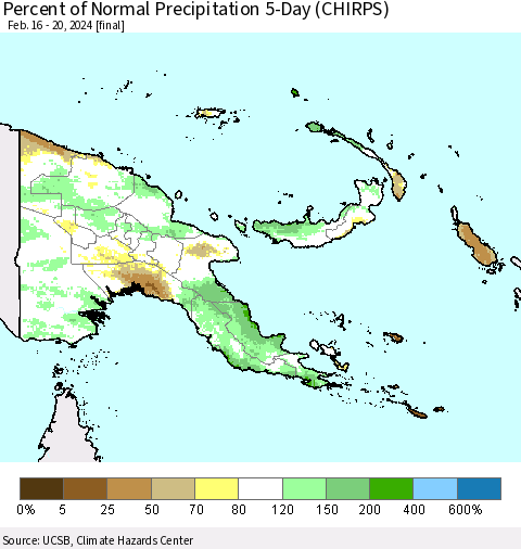 Papua New Guinea Percent of Normal Precipitation 5-Day (CHIRPS) Thematic Map For 2/16/2024 - 2/20/2024
