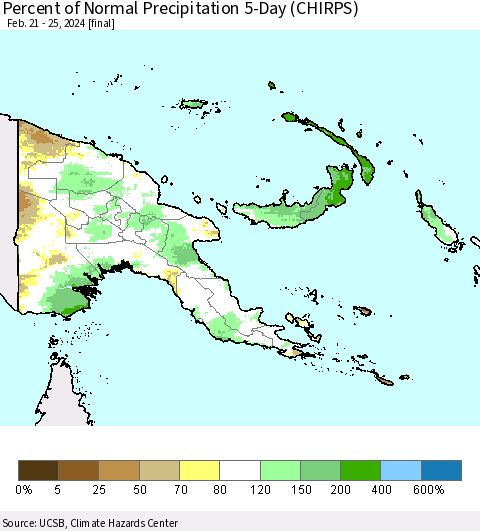 Papua New Guinea Percent of Normal Precipitation 5-Day (CHIRPS) Thematic Map For 2/21/2024 - 2/25/2024