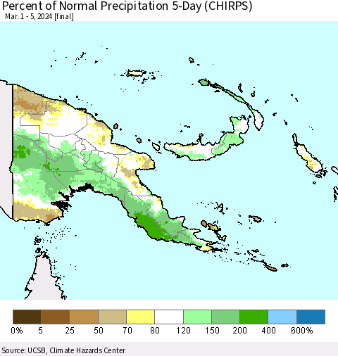 Papua New Guinea Percent of Normal Precipitation 5-Day (CHIRPS) Thematic Map For 3/1/2024 - 3/5/2024