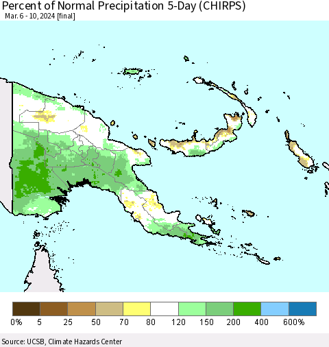 Papua New Guinea Percent of Normal Precipitation 5-Day (CHIRPS) Thematic Map For 3/6/2024 - 3/10/2024