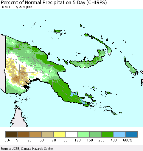 Papua New Guinea Percent of Normal Precipitation 5-Day (CHIRPS) Thematic Map For 3/11/2024 - 3/15/2024