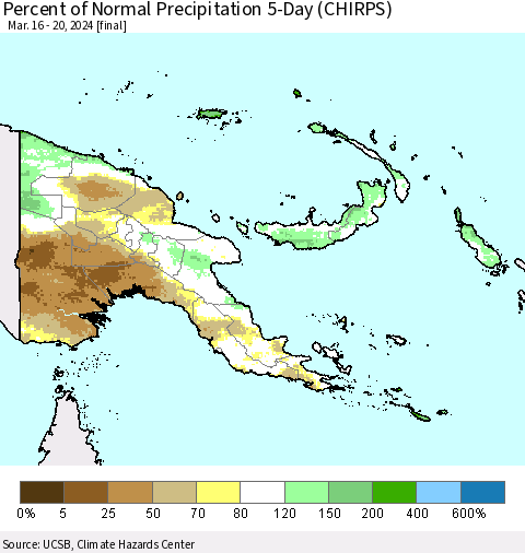 Papua New Guinea Percent of Normal Precipitation 5-Day (CHIRPS) Thematic Map For 3/16/2024 - 3/20/2024