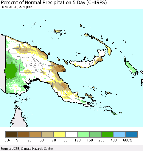 Papua New Guinea Percent of Normal Precipitation 5-Day (CHIRPS) Thematic Map For 3/26/2024 - 3/31/2024