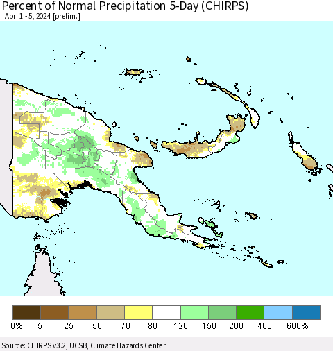 Papua New Guinea Percent of Normal Precipitation 5-Day (CHIRPS) Thematic Map For 4/1/2024 - 4/5/2024