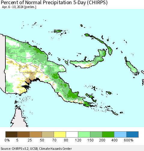 Papua New Guinea Percent of Normal Precipitation 5-Day (CHIRPS) Thematic Map For 4/6/2024 - 4/10/2024